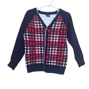 Totammy Boys Navy Red Plaid‎ Cardigan Sweater Size 5-6 School Church Picture Day